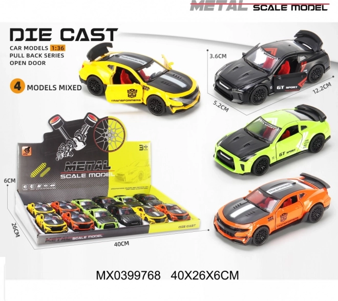 Sportski metalni autić 1:36 s otvorivim vratima i mehanizmom na navijanje