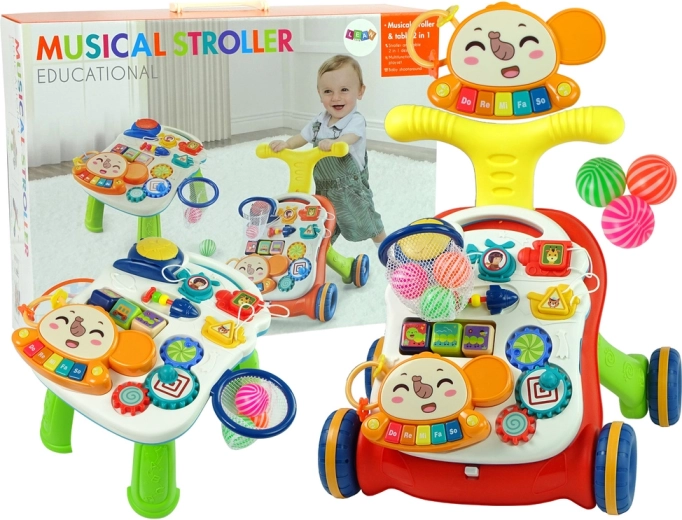 Interaktivno guralo i edukativni stolić 2-u-1 – crveno