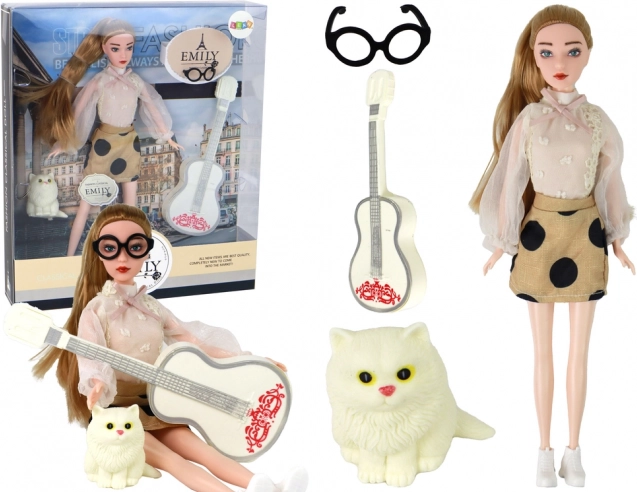 Lutka Emily s gitarom, naočalama i mačkicom