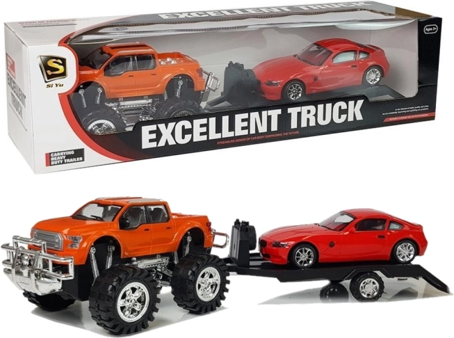 Set vozila: narančasti monster truck s vučnom prikolicom i crveni sportski automobil 58 cm