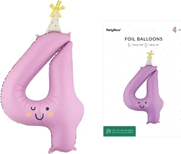 Folijski balon broj 4 lavandaste boje s licem