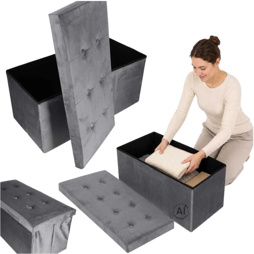 Sklopiva velur pufa s prostorom za pohranu, siva 77 × 38 × 37 cm