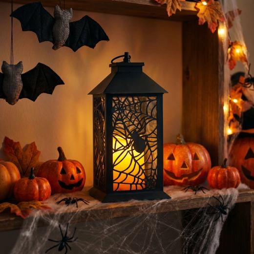 Halloween flashing LED lantern with spider, battery-powered