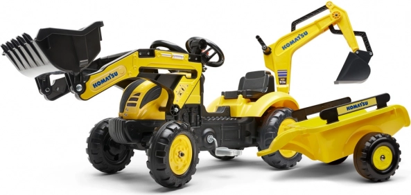 Traktor na pedale Komatsu s prednjom i stražnjom žlicom te prikolicom