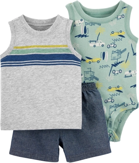 Carter's 3-dijelni set za dječaka – body bez rukava, majica i kratke hlače s autima u sivoj boji (6 m)