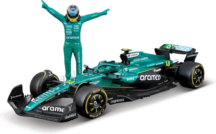 Bburago model Formule 1 Aston Martin AMR25 2025 s figuricom vozača Fernando Alonso (br. 14) 1:24