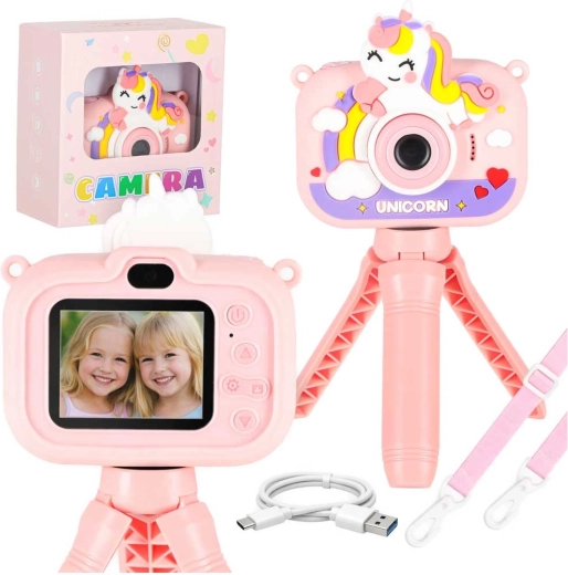 Kids’ digital camera with tripod – unicorn, pink