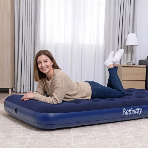 Blue single inflatable air mattress with velour surface 188 × 99 × 22 cm