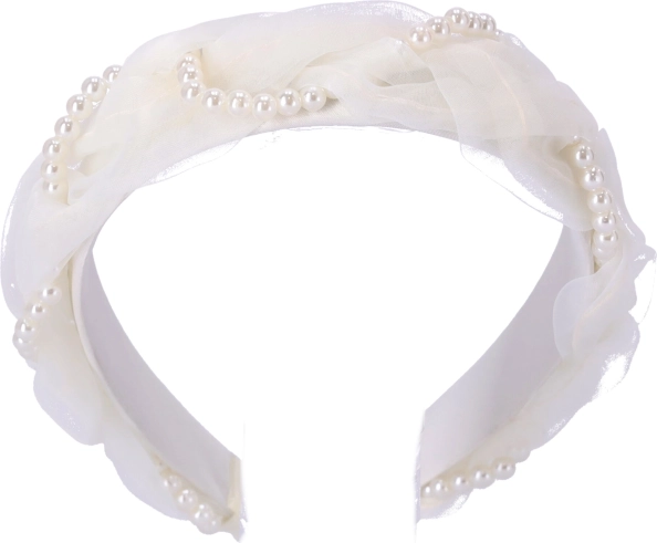Satenna traka za kosu - bijela s biserima