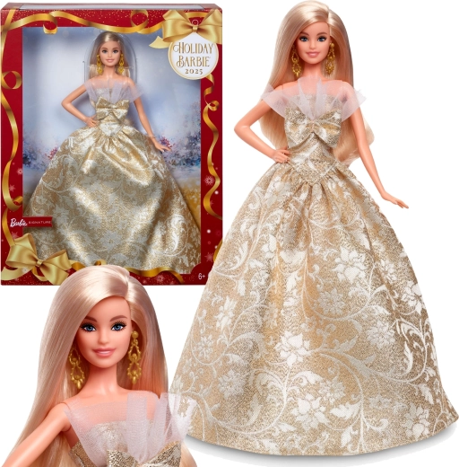 Kolekcionarska lutka Barbie Signature Holiday Joyeux Noel u zlatno-bijeloj haljini