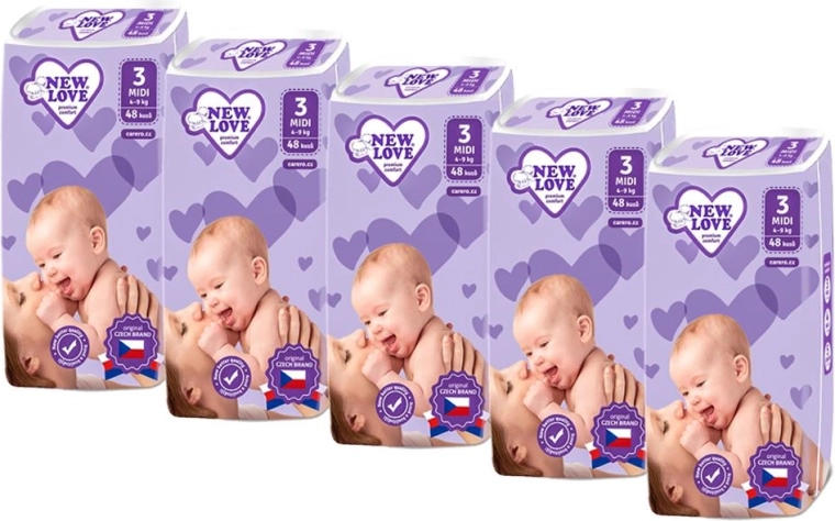 Dječje jednokratne pelene New Love Premium Comfort 3 Midi 4–9 kg, megapack 5×48 kom