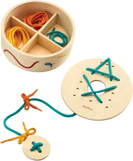 PlanToys lacing boards with shoelaces in a storage box