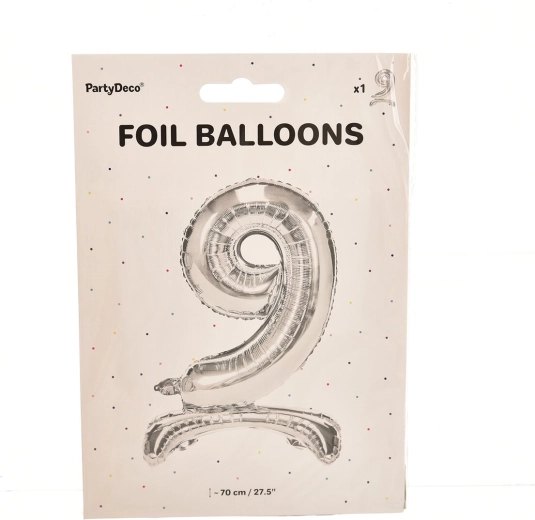 Stojeći folijski balon broj 9, srebrni, 70 cm