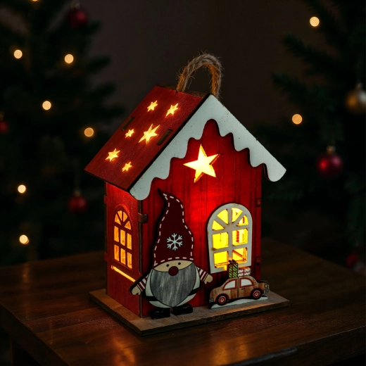 Christmas LED decoration house with gnome, red - 1 piece