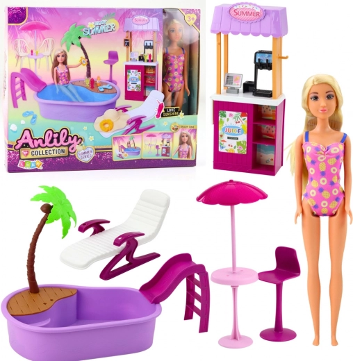 Lutka ANLILY na plaži s bazenom i štandom s pićima