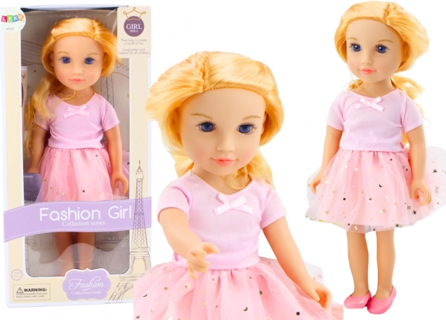 Lutka u ružičastoj haljini s til suknjom i plavom kosom