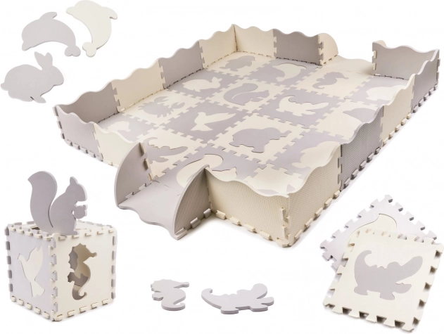 Pjenasta edukativna podloga puzzle, siva i ecru, 36 dijelova, 150 × 150 cm