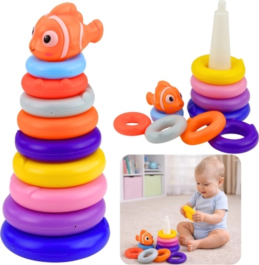 Edukativna slagalica – toranj od šarenih prstenova s ribicom, 10 dijelova