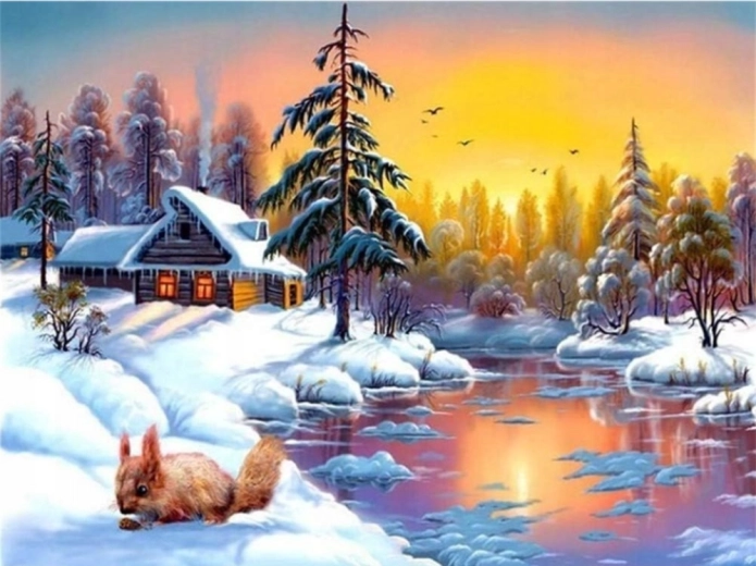 Norimpex dijamantno slikanje zimska kuća uz jezero s vjevericama 30 × 40 cm