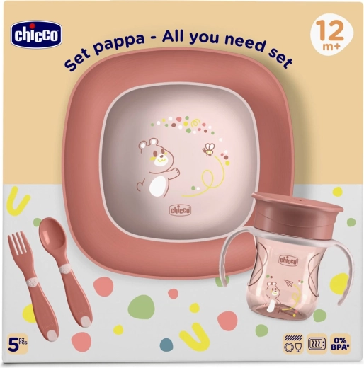 Chicco blagovaonski set za djecu s čašom 360° ružičasti 12m+