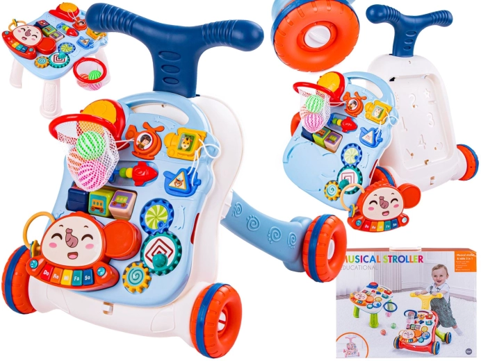 Interactive educational baby walker and musical push walker 2-in-1 with table, white-blue