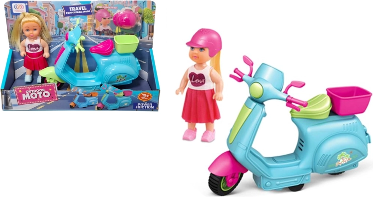 Lutka na skuteru s košaricom i kacigom