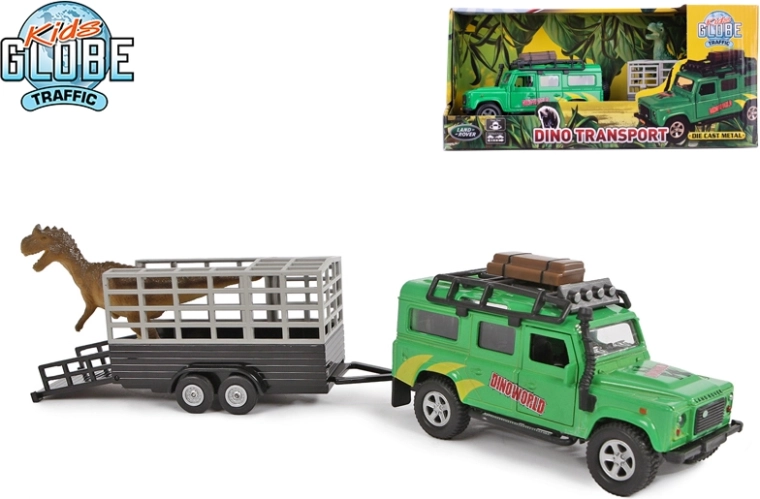 Kids Globe Traffic terensko vozilo LAND ROVER s prikolicom i dinosaurom 28 cm, metal, povratni pogon