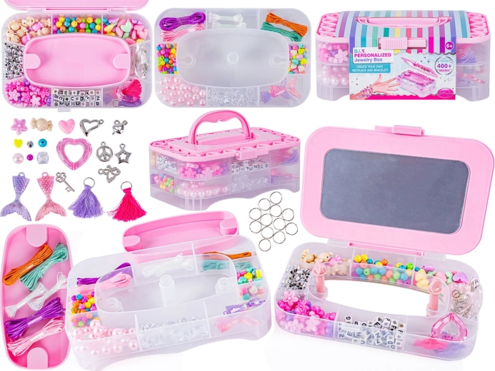 Bead jewelry making set with a case and mirror