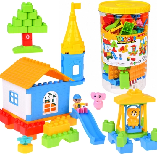 Large Plastic Building Blocks, 94 Pieces, in a Box with Handle and Figures