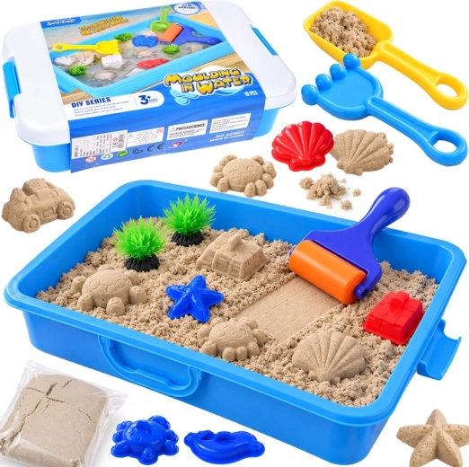 Children's sandbox with kinetic sand, molds and accessories
