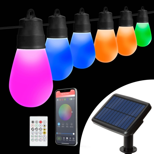 Smart solar string light with 30 RGBIC LED bulbs, 13 m, Bluetooth