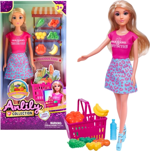 Lutka s košarom za kupnju i trgovinom voća i povrća