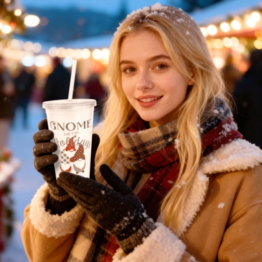 Christmas Plastic Cup with Straw and Lid, 473 ml