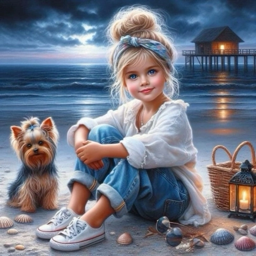 Diamond Painting Girl Sitting with a Dog on the Beach 30 × 40 cm