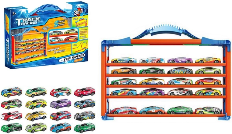 Set trkaće staze s preokrenutim petljama i spremišnim regalom za autiće
