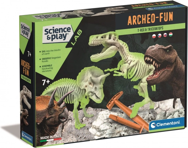 Clementoni Science & Play ArcheoFun: T‑Rex i Triceratops – iskopna set s fosforescentnim kosturima