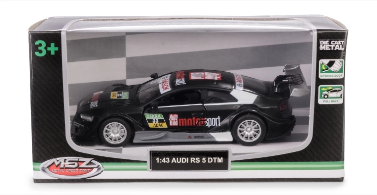 Model automobila AUDI RS 5 DTM 1:43 crni metalni s otvarajućim vratima i pull-back mehanizmom