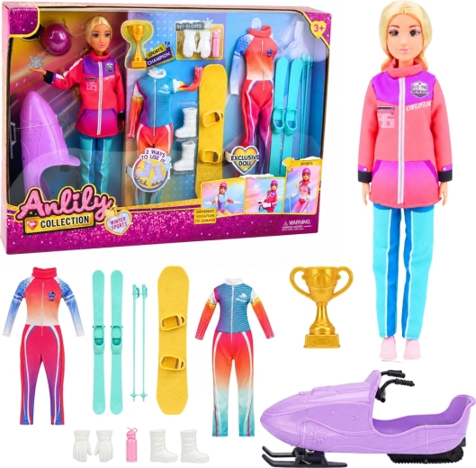 Anlily Collection sportska lutka sa zimskom opremom (skije, snowboard i snježni skuter) 30 cm