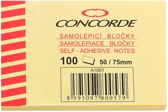 Samoljepljivi blok CONCORDE 50 × 75 mm, žuti, 100 listova