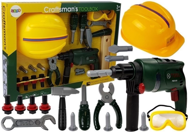 Set dječjih alata za radionicu s bušilicom, zaštitnim naočalama i kacigom