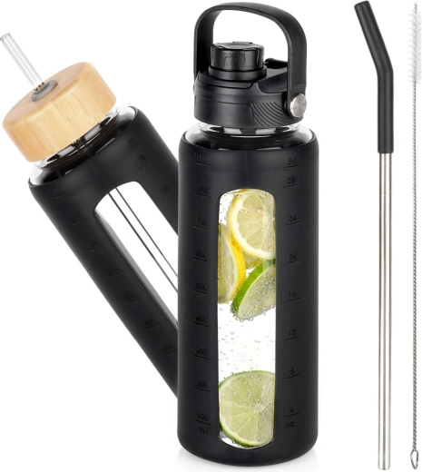 Staklena boca za vodu s crnom silikonskom oblogom i izmjenjivim čepovima 1 l