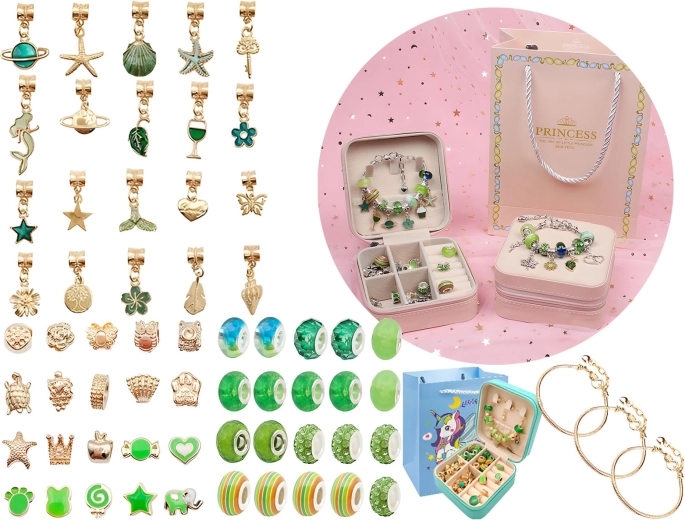Jewelry and bracelet making set with charms in shades of green