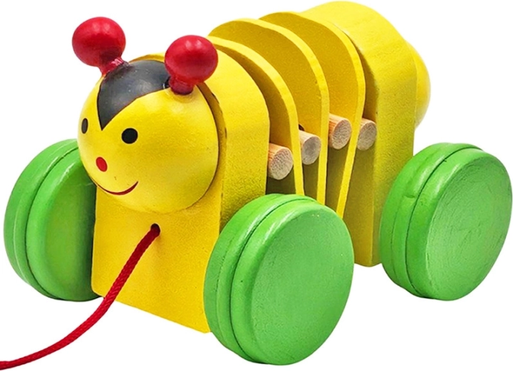 Drveni kukac na kotačićima s uzicom