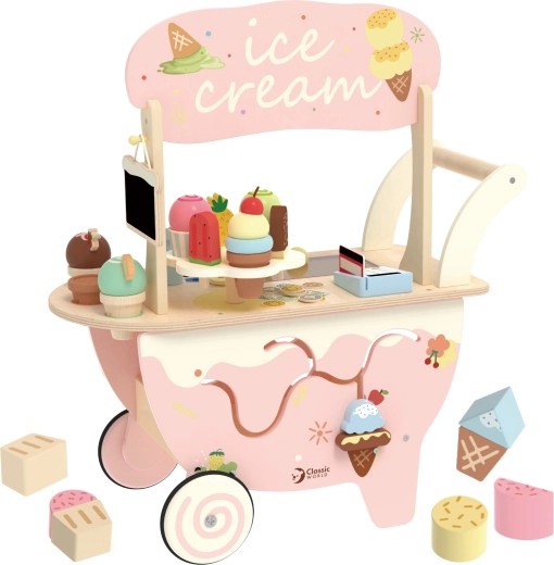 Classic World 3-in-1 Wooden Ice Cream Cart with Wheels, 40 Pieces