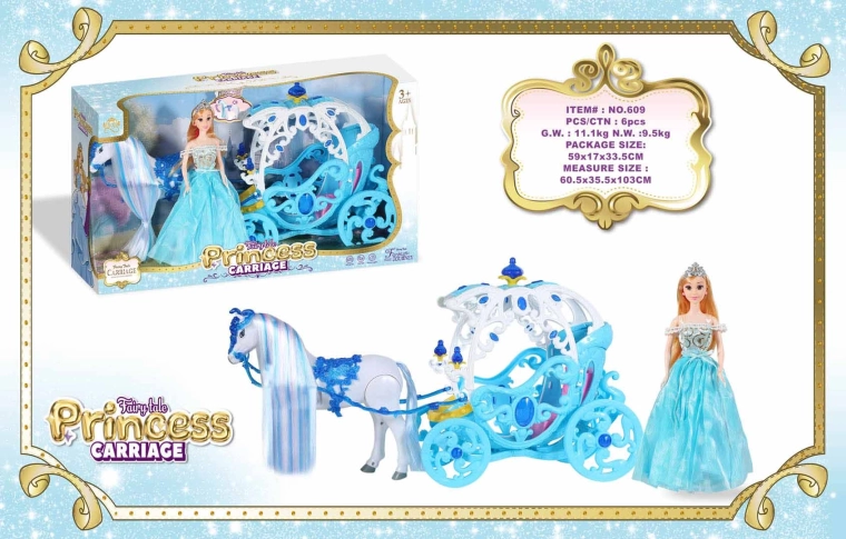Blue carriage with a white horse and a princess doll
