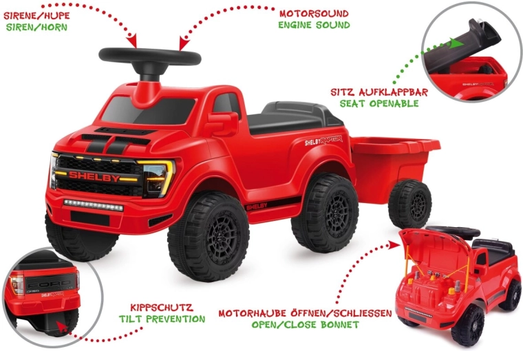 JAMARA Shelby Ford F-150 Raptor Ride-On with Trailer, Red