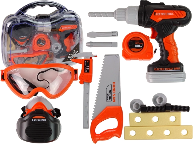 Set alata s električnom bušilicom i zaštitnim naočalama