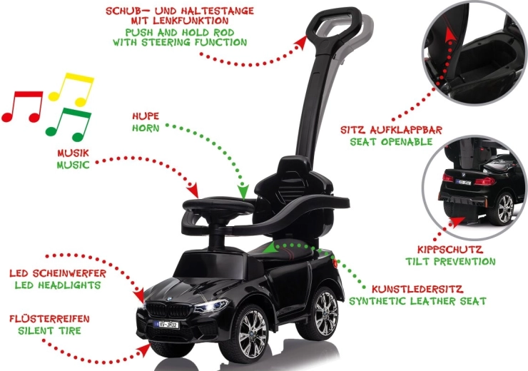 BMW M5 2-in-1 Ride-On Car for Children with Push Handle, Black