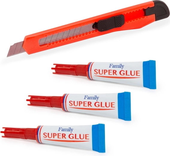 Set of super glue with a utility knife
