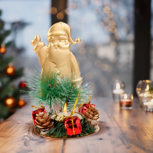 Advent decoration with a tealight holder featuring Saint Nicholas, copper-colored